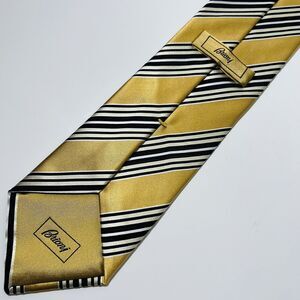 New BRIONI Gold 100% Silk Luxury Tie w Black&White Stripes 60x3.75”